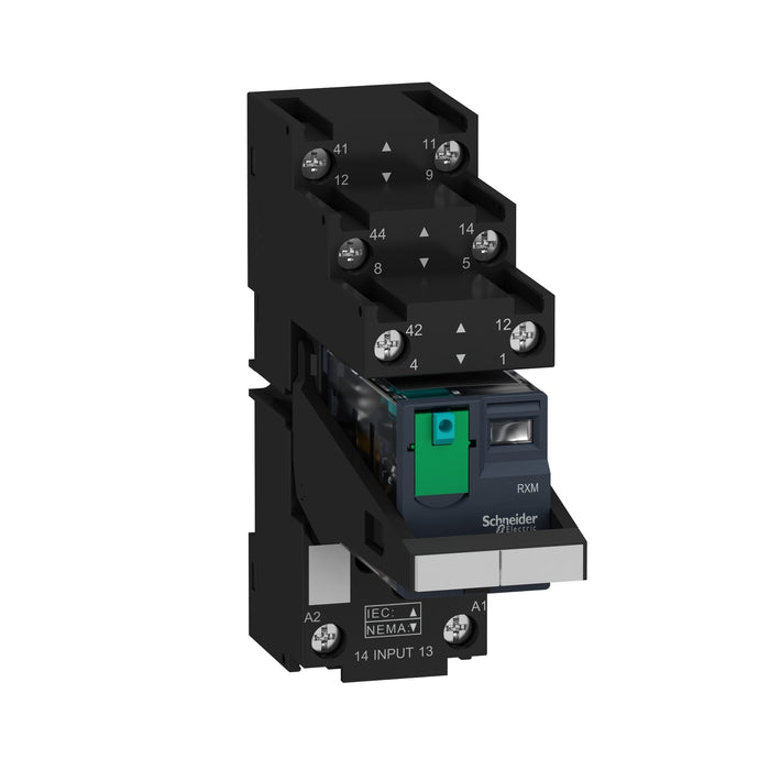 RXM2AB2BDPVS Harmony, Miniature plug-in relay pre-assembled, 12 A, 2 CO, with LED, with lockable test button, separate terminals socket, 24 V DC