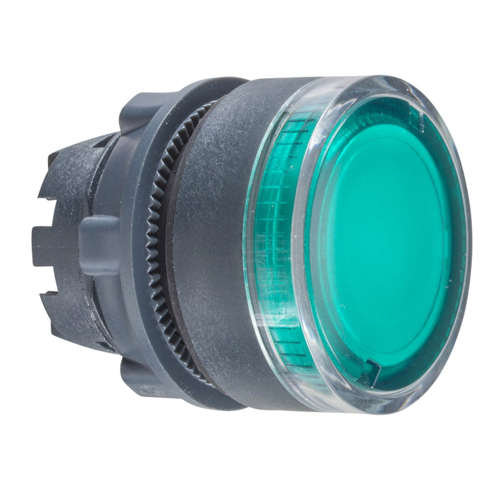 ZB5AW333 Head for illuminated push button, Harmony XB5, plastic, green flush, 22mm, universal LED, spring return, plain lens