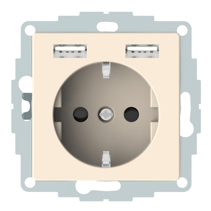 MTN2366-0344 USB charger + socket-outlet, Merten System M, 2P + E, 16A, shutter, screwless terminals, glossy, white