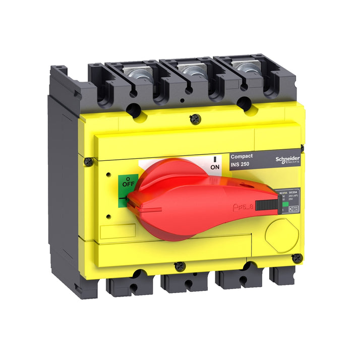 31124 interruptor-seccionador, Compact INS250-160, 160 A, con mando giratorio rojo y frontal amarillo, 3 polos