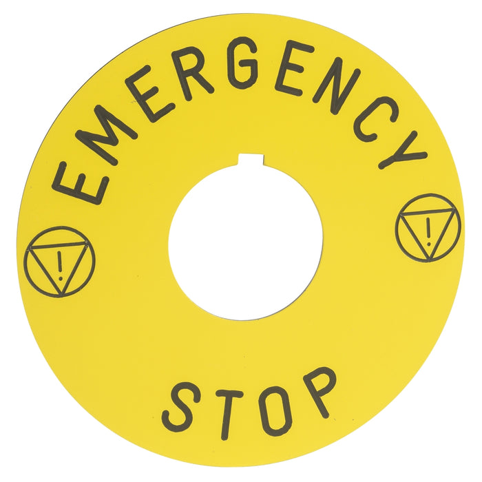 9001KN8330 Legend, Harmony 9001K, Harmony 9001SK, 30mm, aluminium, yellow with black letters, 60mm circular for emergency stop, marking EMERGENCY STOP