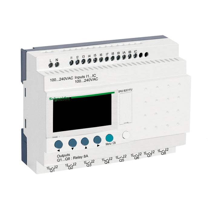 SR2B201FU Compact smart relay, Zelio Logic, 20 I/O, 100...240 V AC, clock, display