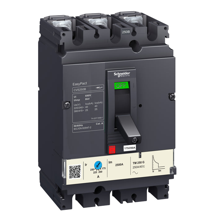 LV510306 circuit breaker EasyPact CVS100B, 25 kA at 415 VAC, 80 A rating thermal magnetic TM-D trip unit, 3P 3d