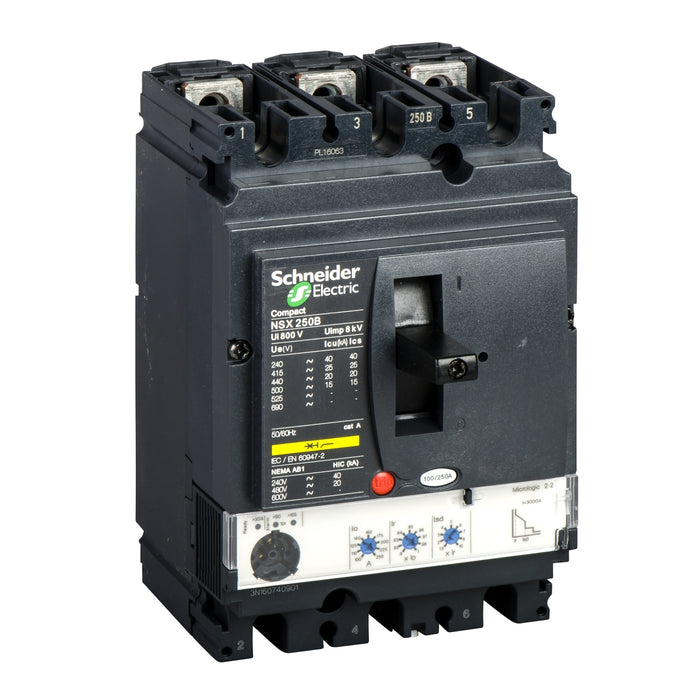 LV431871 Circuit breaker, ComPact NSX250N, 50kA/415VAC, MicroLogic 2.2 trip unit 160A, 3 poles 3d