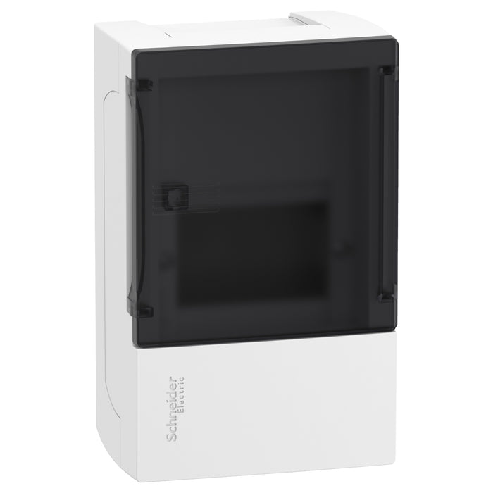 MIP12104S Enclosure, Resi9 MP, surface mounting, 1 row of 4 modules, IP40, smoked door, 1 earth + 1 neutral terminal blocks