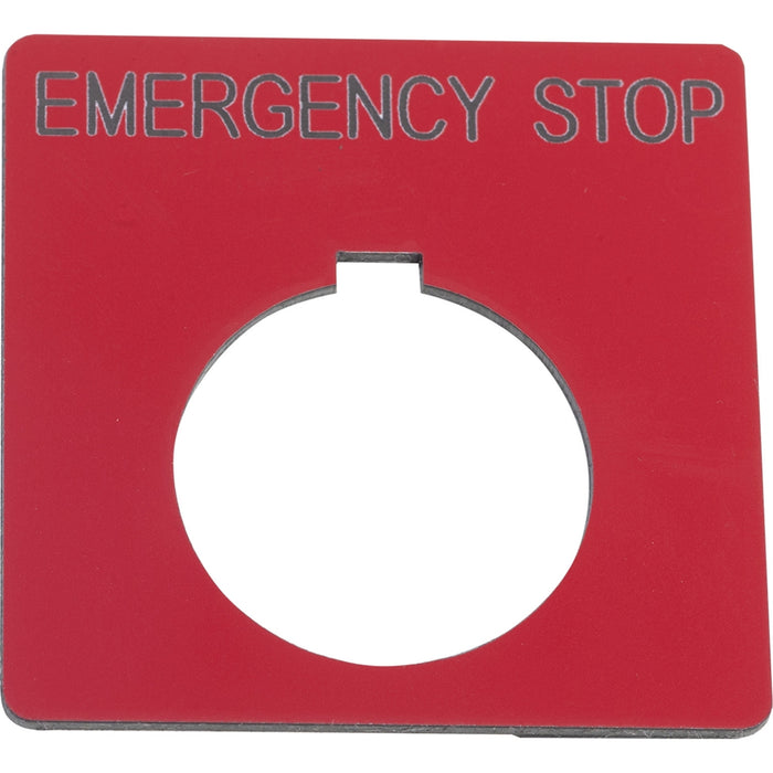 9001KN105RP Legend, Harmony 9001K, Harmony 9001SK, 30mm, plastic, red with black letters, 57mm square, marking EMERGENCY STOP