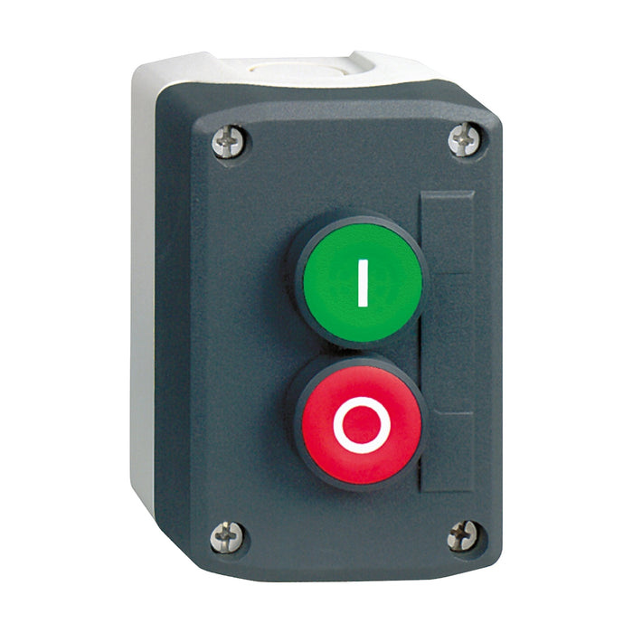 XALD213 Control station, Harmony XALD, XALK, plastic, dark grey lid, 2 flush push buttons 22mm, marked I O, 1NO+1NC