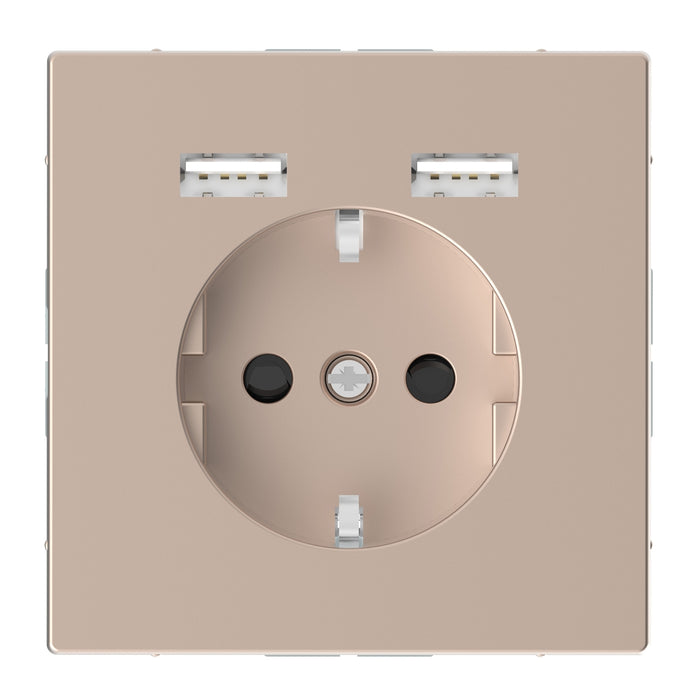 MTN2366-6051 USB charger + socket-outlet, Merten System Design, 2P + E, 16A, shutter, screwless terminals, metallic, champagne