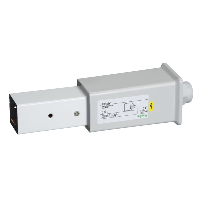 KBB40ABD4TW End feed unit, Canalis KBB, 40A, right mounting, 1 circuit, 3L+N+PE, with optional remote control circuit, RAL9003