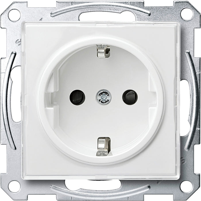 MTN2300-3500 Socket-outlet, Merten System M, mechanism with fixing frame, 2P + E, Schuko, screwless terminals, glossy, polar white