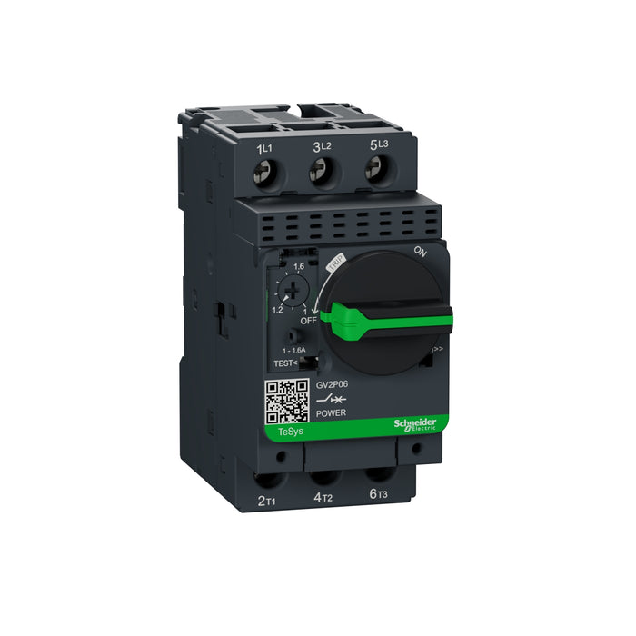 GV2P06 Motor circuit breaker,TeSys Deca,3P,1-1.6A,thermal magnetic,screw clamp terminals,rotary handle