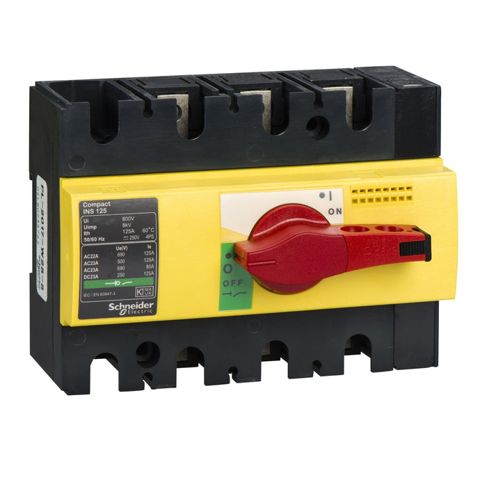 28926 switch disconnector, Compact INS125 , 125 A, with red rotary handle and yellow front, 3 poles