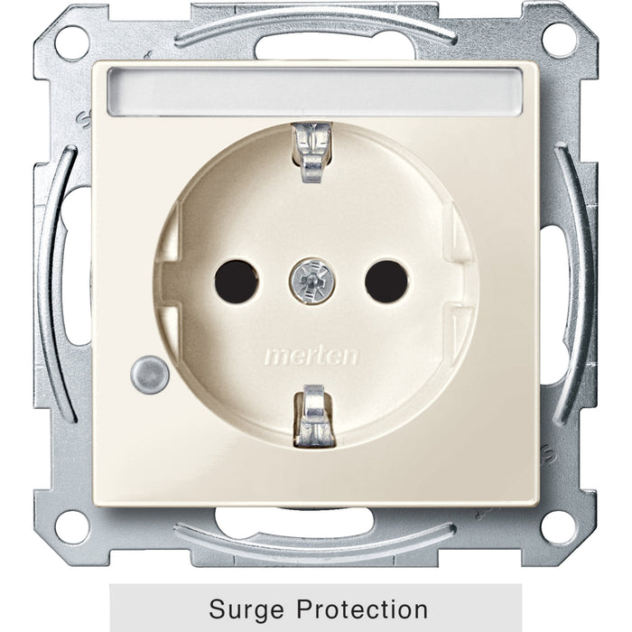 MTN2405-0344 SCHUKO sock.-out. w. surge prot.& label fld, shut., screw term., wht,glos.,Sys.M