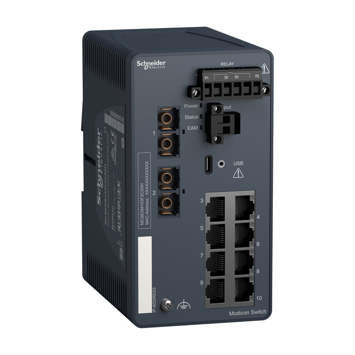MCSESM103F2CS0H Modicon Managed Switch - 8 ports for copper + 2 ports for fiber optic single-mode - Harsh