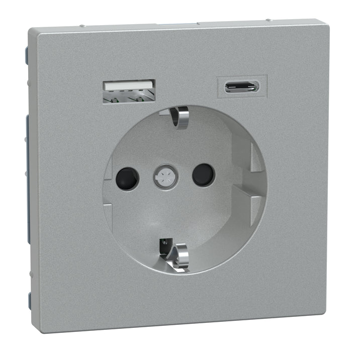 MTN2367-0460 USB charger + socket-outlet, Merten System M, 2P + E, 16A screwless terminals, glossy, aluminium