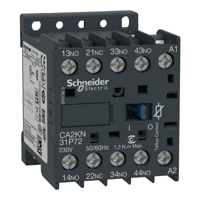CA2KN31P72 TeSys K control relay, 3NO/1NC, 690V, 230V AC coil, with integral suppression device
