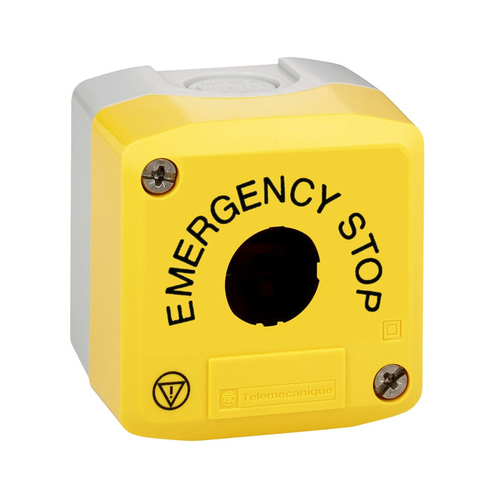 XALK01H29 Empty control station, Harmony XALD, XALK, plastic, yellow, 1 cut out, marked EMERGENCY STOP and logo ISO13850