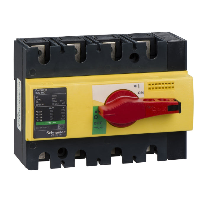 28925 switch disconnector, Compact INS100 , 100 A, with red rotary handle and yellow front, 4 poles