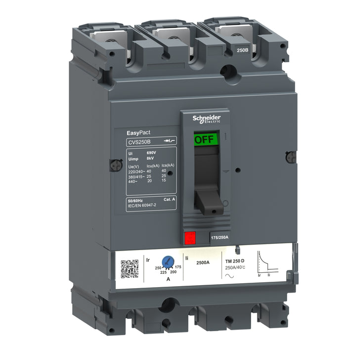 LV525303 circuit breaker EasyPact CVS250B, 25 kA at 415 VAC, 250 A rating thermal magnetic TM-D trip unit, 3P 3d