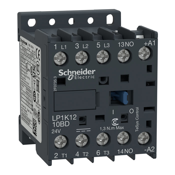 LP1K1210BD Schütz, TeSys K, 3P, AC-3/AC-3e, 440 V, 12 A, 1 Schließer Aux, 24 V DC-Spule, Schraubklemmen