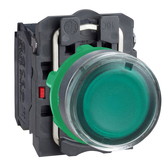 XB5AW33B5 Illuminated push button, Harmony XB5, plastic, green flush, 22mm, universal LED, plain lens, 1NO + 1NC, 24V AC DC