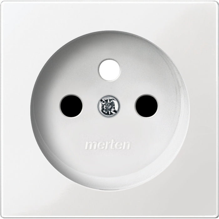 MTN286219 Cen.pl. w. shut. f. socket insert w. earth. pin, polar white, glossy, System M