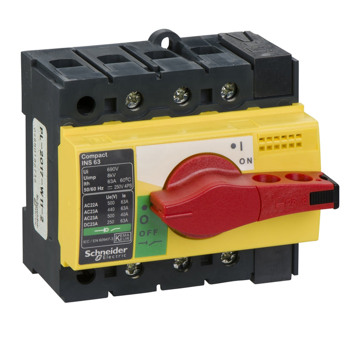 28918 interruptor-seccionador, Compact INS63 , 63 A, con mando giratorio rojo y frontal amarillo, 3 polos