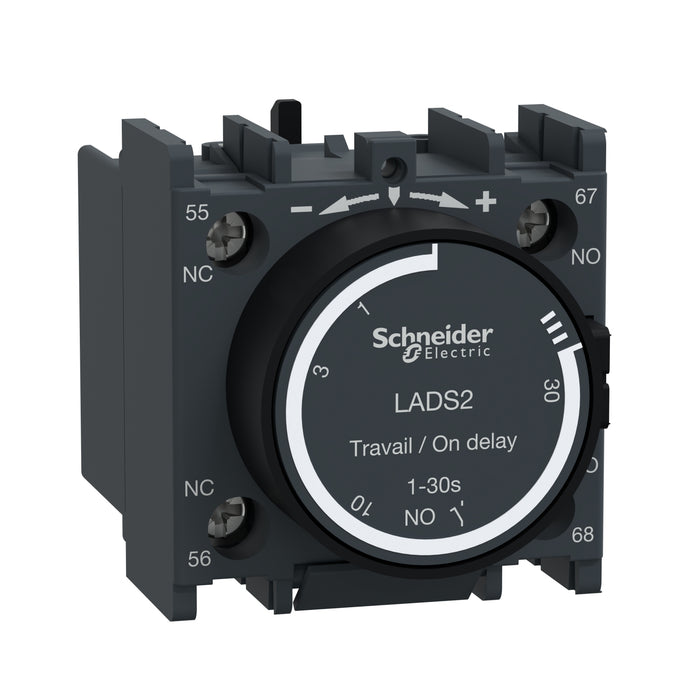 LADS2 Time delay contact block,TeSys Deca,1NO+1NC,on-delay 1-30s,front,with 40±15ms switching time between NC opening and NO closing