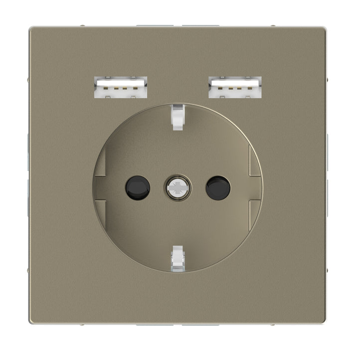 MTN2366-6033 USB charger + socket-outlet, Merten System Design, 2P + E, 16A, shutter, screwless terminals, matt, varnished, sahara