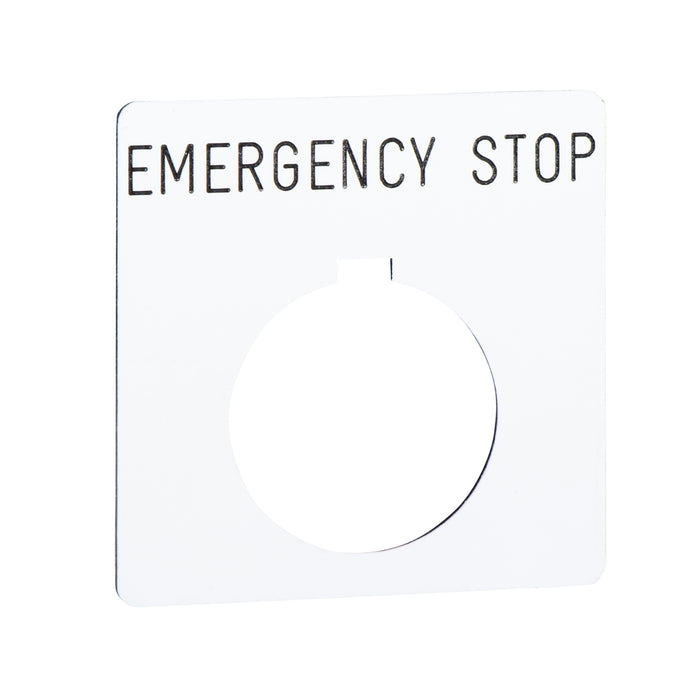 9001KN105WP Legend, Harmony 9001K, Harmony 9001SK, 30mm, plastic, white with black letters, 57mm square, marking EMERGENCY STOP