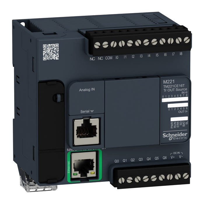 TM221CE16T logic controller, Modicon M221, 16 IO, 9 DI, 7 DO, transistor, PNP, Ethernet