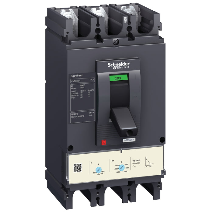 LV563305 circuit breaker EasyPact CVS630F, 36 kA at 415 VAC, 500 A rating thermal magnetic TM-D trip unit, 3P 3d