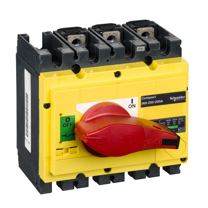 31122 interruptor-seccionador, Compact INS250-200, 200 A, con mando giratorio rojo y frontal amarillo, 3 polos