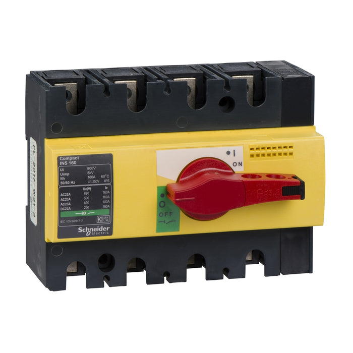 28929 interruptor-seccionador, Compact INS160, 160 A, con mando giratorio rojo y frontal amarillo, 4 polos