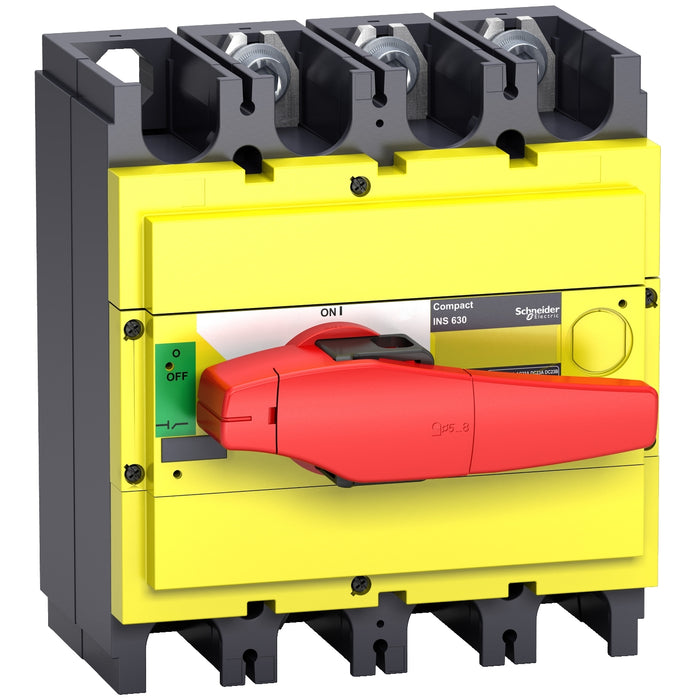 31132 interruptor-seccionador, Compact INS500 , 500 A, con mando giratorio rojo y frontal amarillo, 3 polos