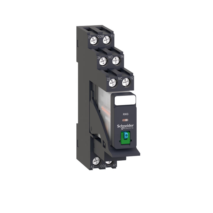 RXG21BDPV Harmony, Interface plug-in relay pre-assembled, 5 A, 2 CO, with lockable test button, with protection circuit, 24 V DC