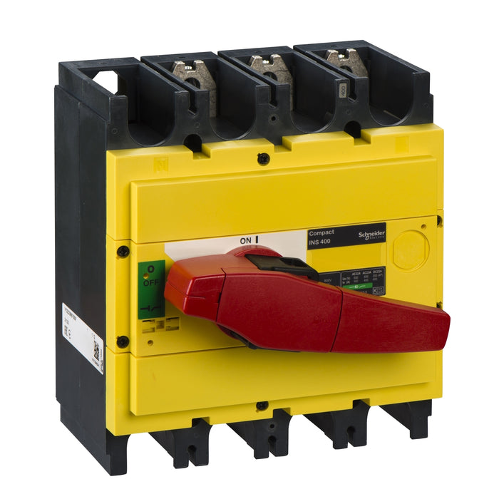 31130 interruptor-seccionador, Compact INS400, 400 A, con mando giratorio rojo y frontal amarillo, 3 polos