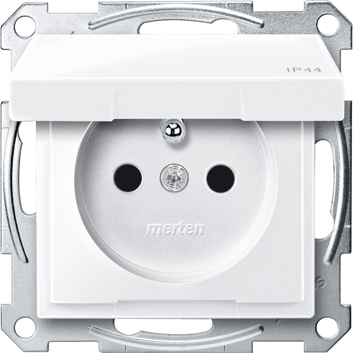 MTN2514-0325 Socket-outlet, Merten System M, 2P + E, 16A, French, screwless terminals, IP44, glossy, active white