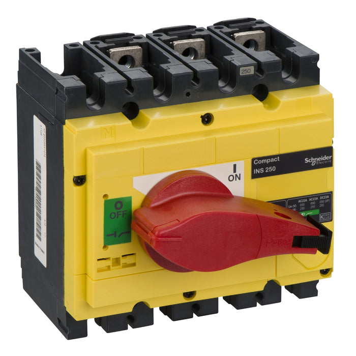 31126 interruptor-seccionador, Compact INS250, 250 A, con mando giratorio rojo y frontal amarillo, 3 polos