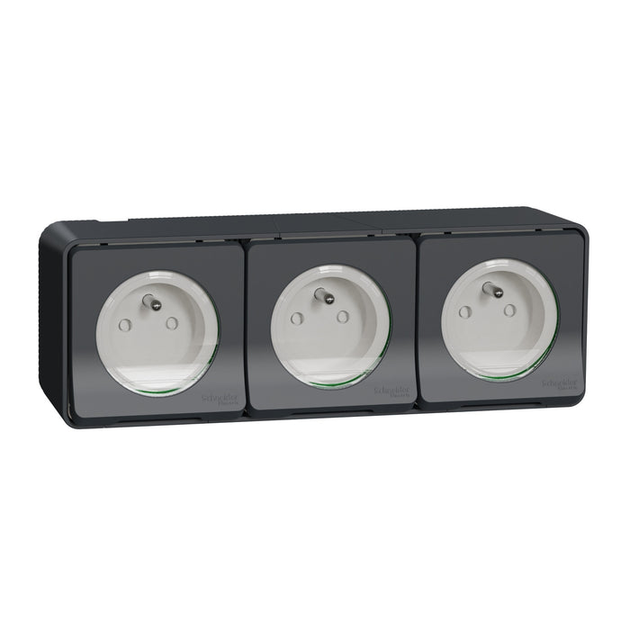 MUR36037 Triple socket-outlet, Mureva Styl, 2P + E with shutters, pin earth, 16A, 250V, surface, grey