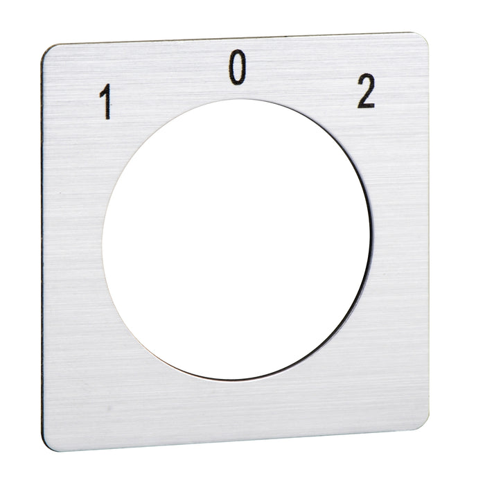 KZ18451 Legend, Harmony K, for cam switch, for 22mm hole mounting heads, 45X45mm, metal color, marked 1-0-2, switching 45deg