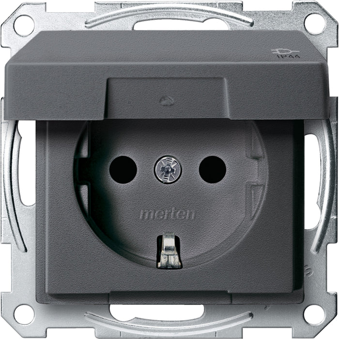 MTN2414-0414 Socket-outlet, Merten System M, mechanism with fixing frame, 2P + E, 16A, Schuko, hinged lid, IP44, matt, anthracite