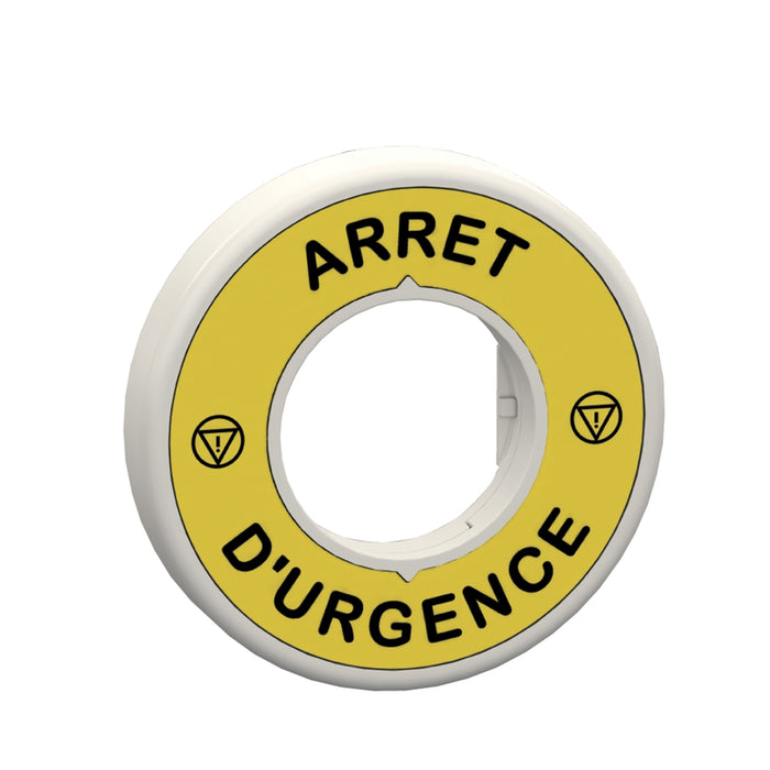 ZBY9W3B130 Harmony, Illuminated ring Ø60, plastic, yellow, white or red integral LED, marked ARRET D'URGENCE, 24 V AC/DC