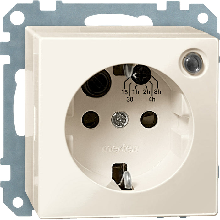 MTN501144 Socket-outlet with timer, Merten System M, mechanism with fixing frame, 2P + E, 8A, Schuko, glossy, white