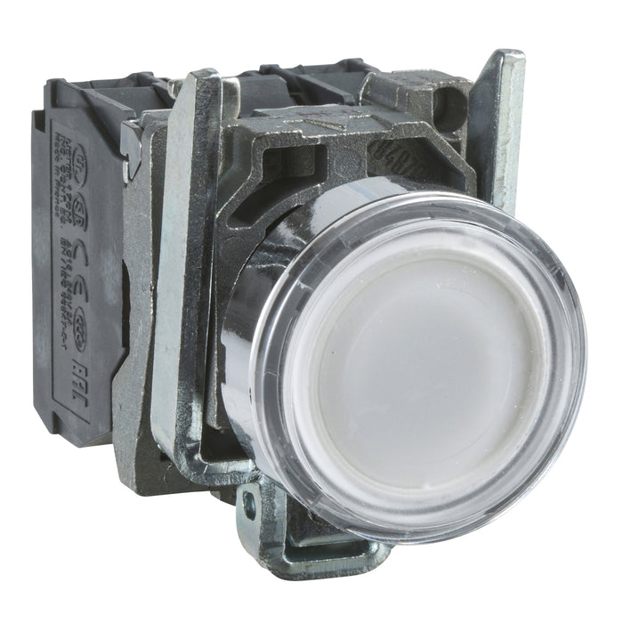 XB4BW31B5 Pulsador iluminado, Harmony XB4, metal, empotrado blanco, 22 mm, LED universal, lente lisa, 1NO + 1NC, 24 V CA CC