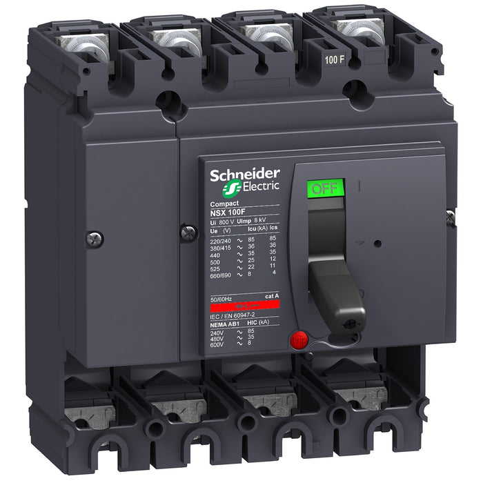 LV429008 Circuit breaker basic frame, ComPact NSX100F, 36kA at 415VAC 50/60 Hz, 100A, without trip unit, 4 poles