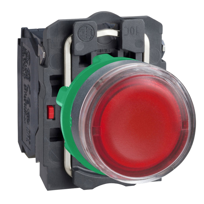 XB5AW34B5 Illuminated push button, Harmony XB5, plastic, red flush, 22mm, universal LED, plain lens, 1NO + 1NC, 24V AC DC