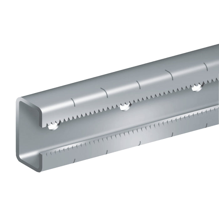 NSYSCR200 Serrated C-shaped rail for heavy loads. zinc-coated steel. Supply: 2 x 2m