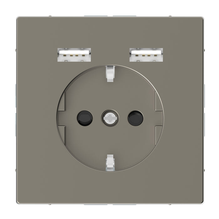 MTN2366-6050 USB charger + socket-outlet, Merten System Design, 2P + E, 16A, shutter, screwless terminals, metallic, nickel