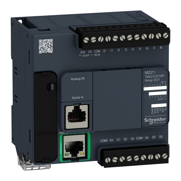 TM221CE16R logic controller, Modicon M221, 16 IO, 9 DI, 7 DO, relay, Ethernet